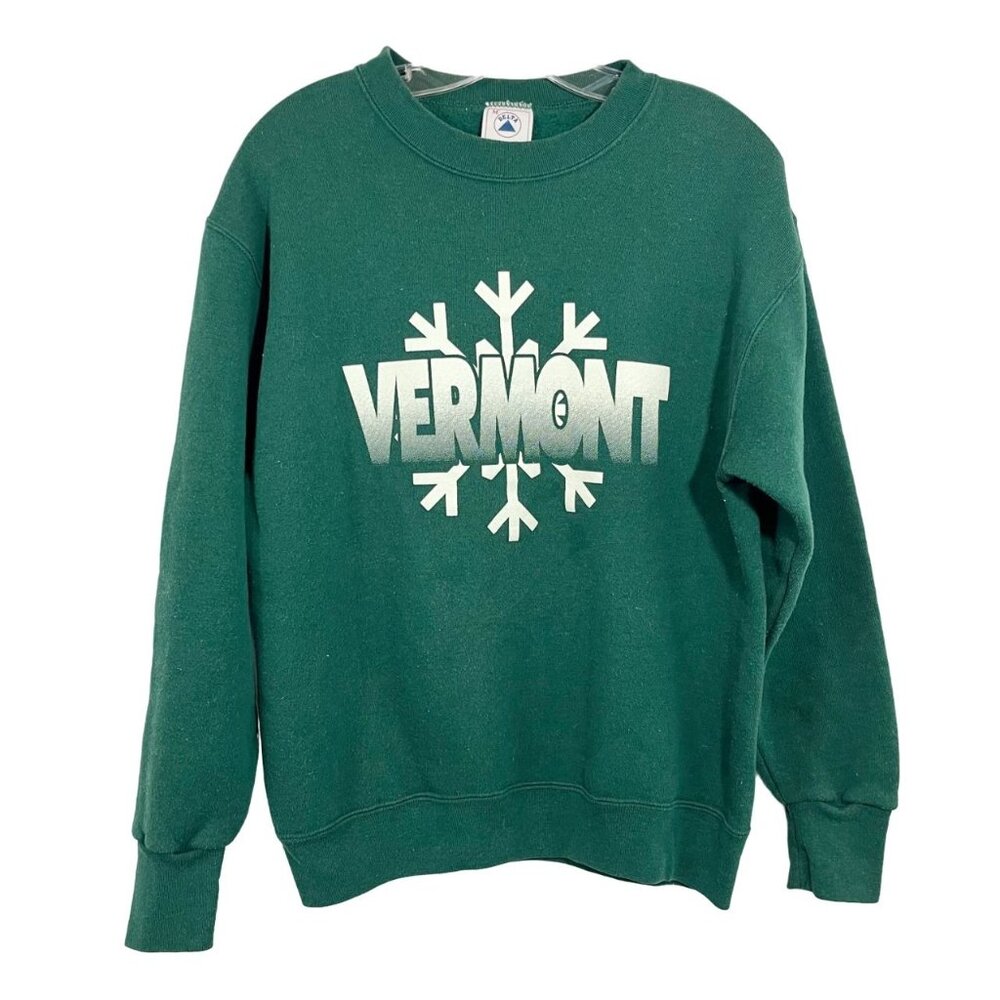 Vintage Vermont Snowflake Print Crewneck Sweatshirt Retro Green Made‎ USA MEDIUM